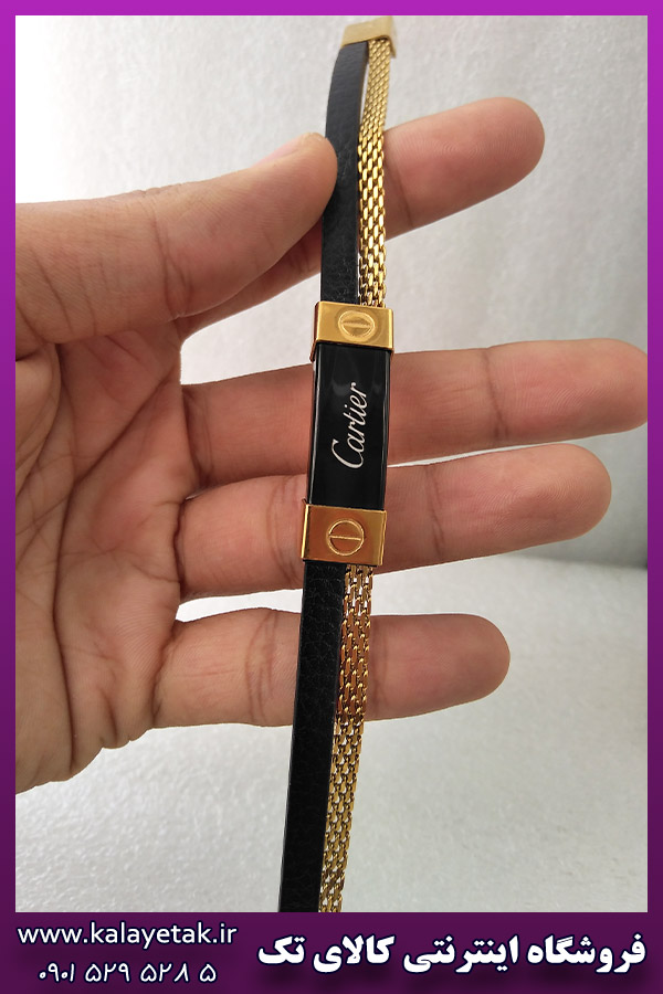 دستبند زنجیر و چرم کارتیه طلایی