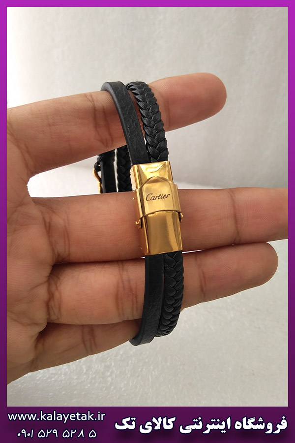 دستبند چرمی با زنجیر کارتیه طلایی