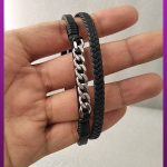 دستبند چرمی با زنجیر کارتیه نقره ای