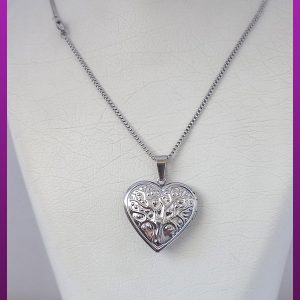 گردنبند قاب عکس قلب درخت نقره ای استیل