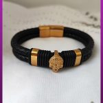 دستبند چرمی اسکلت طلایی