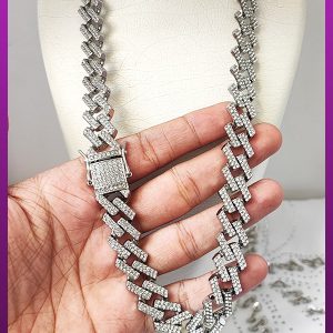 زنجیر کارتیه فول نگین قفل آهنربایی کوبایی نقره ای