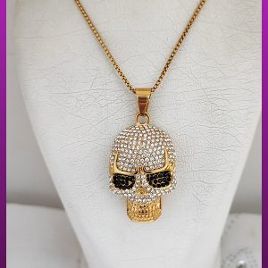 گردنبند جمجمه اسکلت فول نگین طلایی استیل