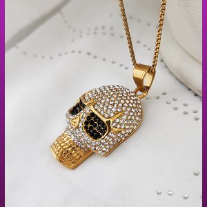 گردنبند جمجمه اسکلت فول نگین طلایی استیل