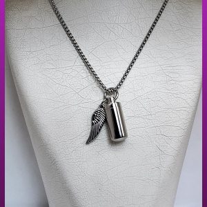 گردنبند کپسول استوانه ساده بال دار نقره ای بازشو استیل